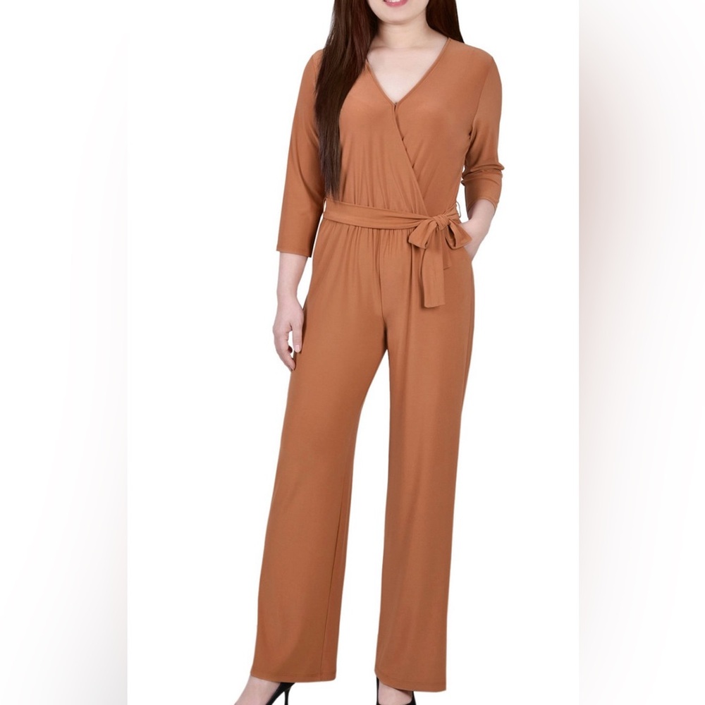 Petite 3/4 Sleeve Belted Wide Leg Jumpsuit